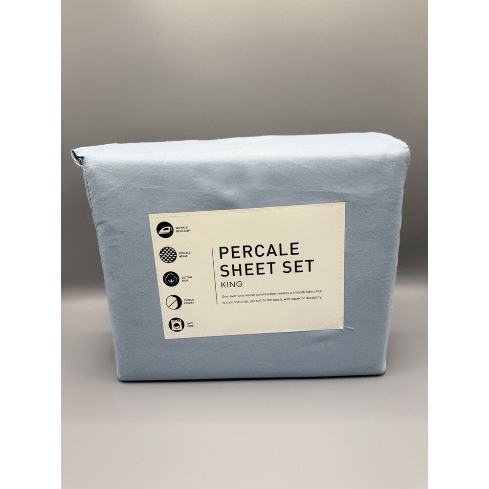 Aq Textiles Percale Solid KING 4-Pc. Sheet Set Light Blue New